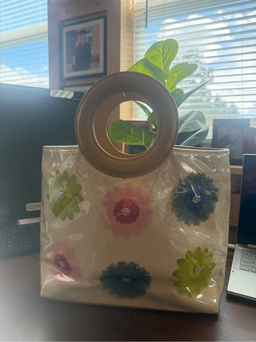 Clear Floral Accent Tote Bag in Cream with Multicolor Flowers